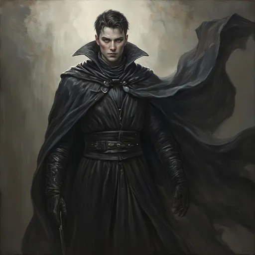 Prompt: Main Character (young wizard), (beautiful portrait oil painting), pale skin, sharp features, (intense sharp eyes), (defined sharp jawline), dark hair (short to medium length), wearing all dark colors, flowing cloak billowing behind him, gloves, (epic fantasy atmosphere), intricate details in fabric and texture, dramatic lighting casting shadows, ultra-detailed, evocative mood.