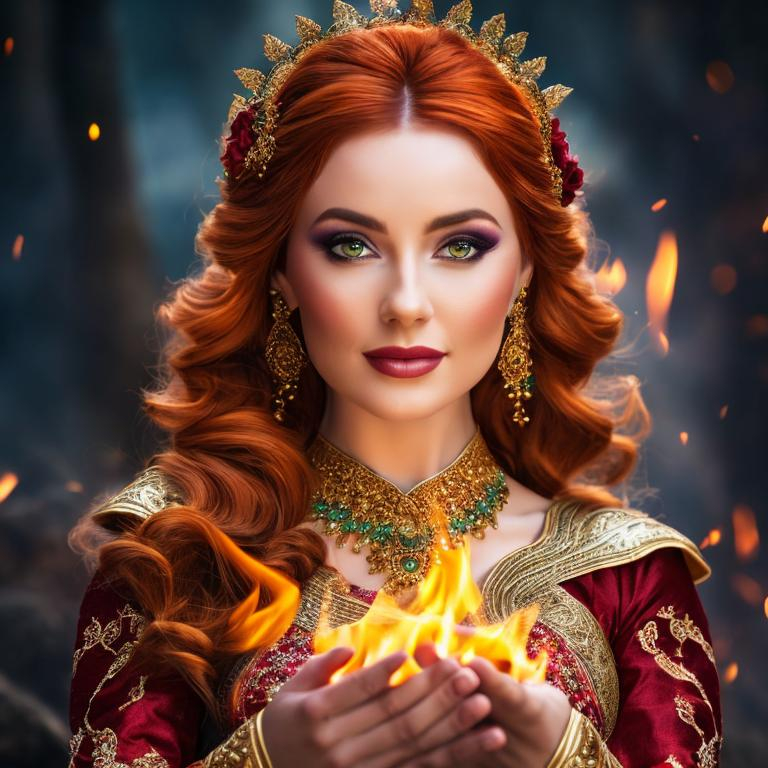 Prompt: A woman holding fire, dressed in cute, super beautiful and gorgeous minstrel garments, fantasy maiden, beautiful. She has green eyes and red hair. stunningly beautiful fantasy image romantic