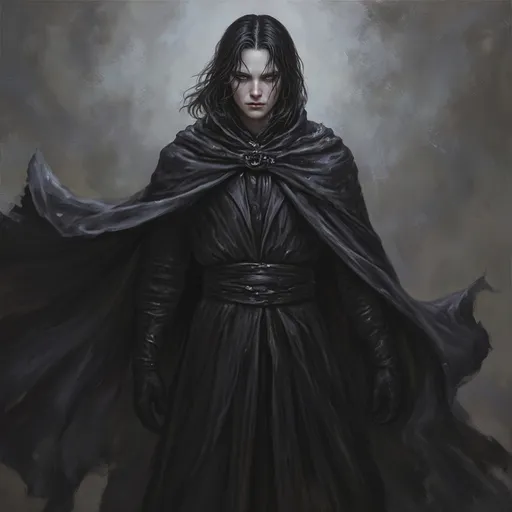 Prompt: Main Character (young wizard), (beautiful portrait oil painting), pale skin, sharp features, (intense sharp eyes), (defined sharp jawline), dark hair (medium to long length), wearing all dark colors, flowing cloak billowing behind him, gloves, (epic fantasy atmosphere), intricate details in fabric and texture, dramatic lighting casting shadows, ultra-detailed, evocative mood.