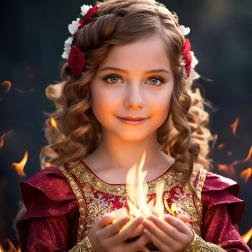 Prompt: A girl holding fire, dressed in cute, super beautiful and gorgeous minstrel garments, fantasy maiden, beautiful. She has green eyes and red hair. stunningly beautiful, hyperrealistic
