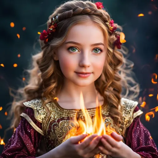 Prompt: A girl holding fire, dressed in cute, super beautiful and gorgeous minstrel garments, fantasy maiden, beautiful. She has green eyes and red hair. stunningly beautiful, hyperrealistic