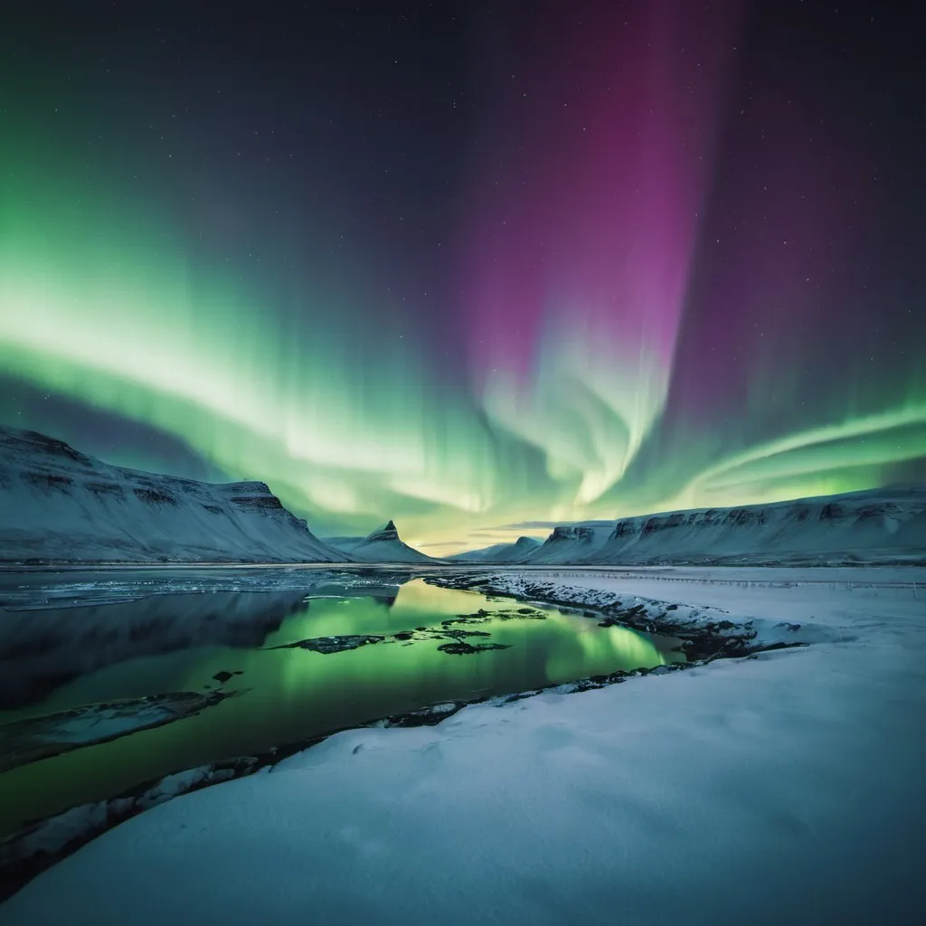 Prompt: A breathtaking view of the Northern Lights shimmering over a snowy Icelandic landscape