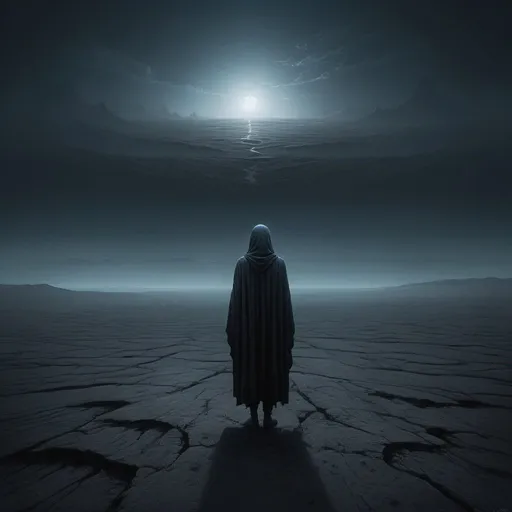 Prompt: A mysterious figure in a desolate landscape, lost and introspective, face hidden in shadows, solitary silhouette against a vast, empty horizon, barren wasteland stretching into the distance, haunting atmosphere, surreal dream-like setting, dark and moody color palette of deep blues and grays, subtle hints of light breaking through the darkness, enigmatic aura, evoking feelings of isolation and uncertainty, digital art, intricate details, ethereal glow, by Zdzisław Beksiński, ArtStation