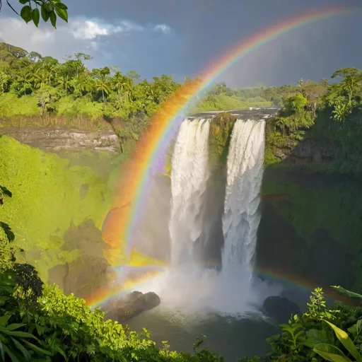 Prompt: A rainbow over a waterfall surrounded by lush vegetation