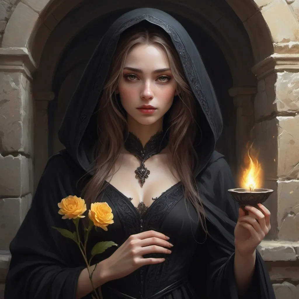 Prompt: Mysterious woman in modest black renaissance attire, reminiscent of a mourning widow, strolling through ancient stone halls, clutching a delicate flower, singing enchantingly. Setting features torch-lit walls casting dancing shadows, built from valley stones, resonating with ancient tales. Character, Kyre Sora, the Siren Lady, exudes elegance with pale complexion, golden eyes, and flowing long hair. Atmosphere evokes epic fantasy with a touch of sadness, emphasizing beauty and grace. Intricate details in clothing and surroundings, rich in emotional depth, creating a scene of captivating melancholy and allure. Black hood and cloak. Fantasy painting, digital painting, pencil sketch. 