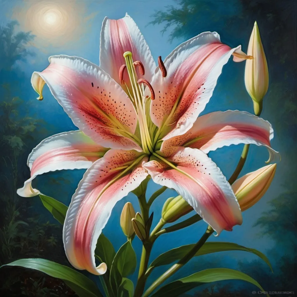 Prompt: Stargazer Lily. A beautiful and romantic landscape of beauty with stargazer lilies in a romanticized image, in the style of John William Waterhouse, J. M. W. Turner, John Constable. Soft blues. Landscape, nature, beauty. Painting, Oil on canvas, romanticism, highly detailed, elegant, very attractive, imperial colors, high definition. 