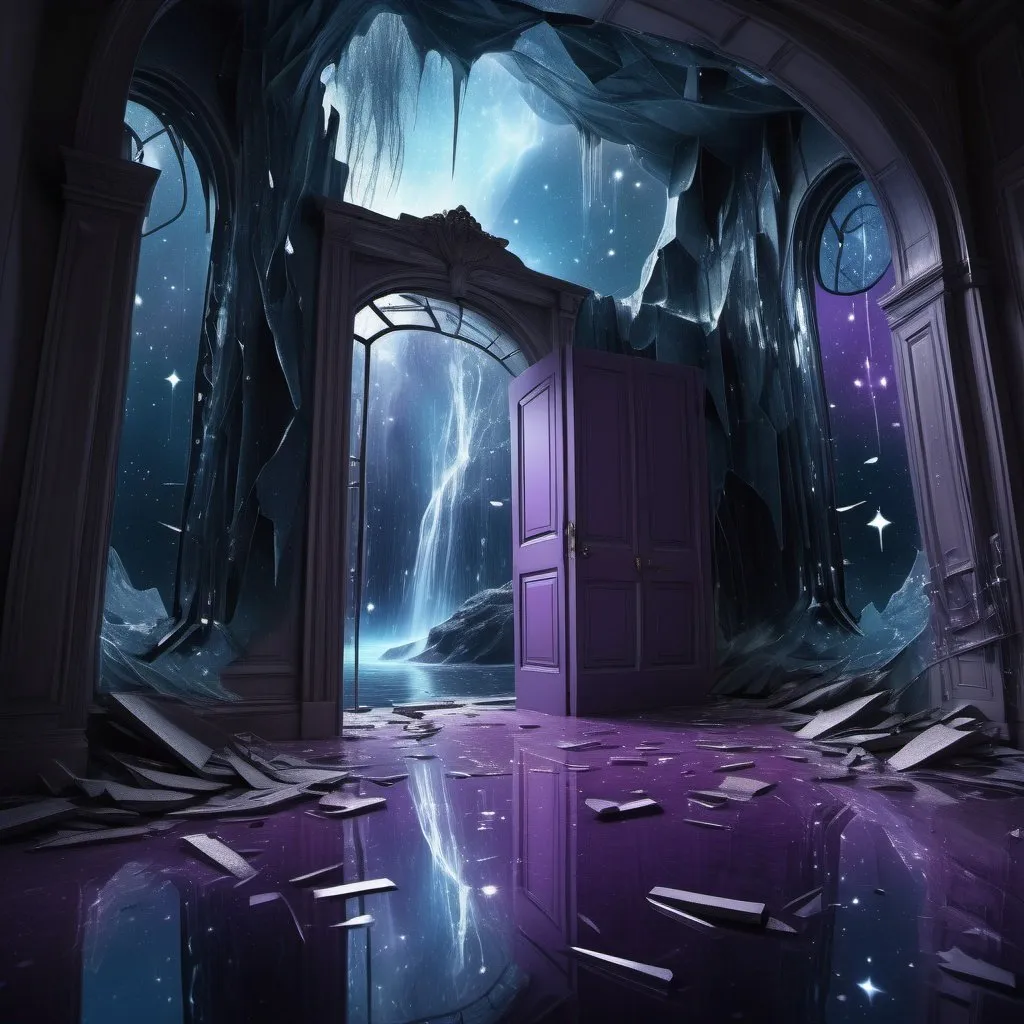 Prompt: A surreal dreamscape: shattered mirrors reflecting eternity, a broken door revealing hidden beauty, a waterfall frozen in time, stars cracking in a dying hall, a twisted, fractured darkness enveloping a Holland landscape, falling stars flooding the scenery, ethereal and haunting, deep blues, purples, and blacks, soft, mysterious lighting, digital art, detailed and surreal, inspired by poetry, Artstation.
