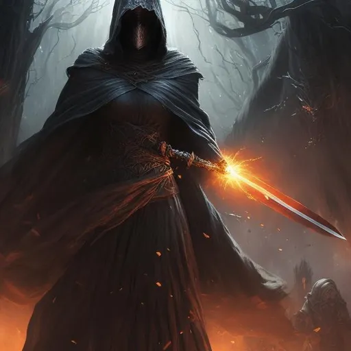 Prompt: epic fantasy book cover. There is a young woman, with a black hood and cape that casts a shadow over her face. She is worried, but brave. All around her there is a shadow of darkness gathering and darkening the world. The woman is holding aloft a shining sword, and the light from the sword is keeping the shadows at bay. She faces front.  The only color is the light around the sword