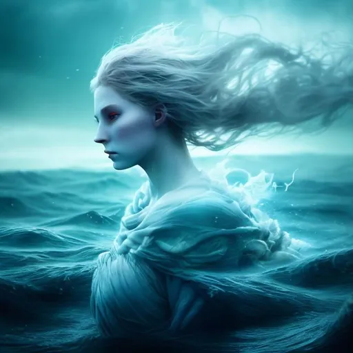 Prompt: Epic cinematic fantasy novel cover. There is fire on the horizon, and a ship sails into it, with a storm hemming the world with clouds. The waters of the sea are surrounded by a glowing blue mist. Below in the water is the face of a hauntingly beautiful pale while woman, her skin is iridescent, ghostly, transparent. Her eyes glow bright and fierce blue. Her face is in the water, connected to the water. In the smoky skies two red demon eyes watch. 