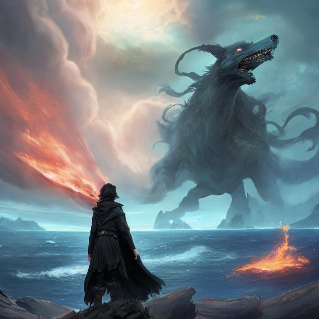 Prompt: cover for an epic fantasy novel. On the cover is a girl with a black hood and cloak. She stands back to back with a man with a medium length hair, in his early thirties, wearing a fantasy smuggler's outfit. Both are young. In the background there is fire in the sky, a ship sailing into the horizon. Storms and danger. Both have their swords drawn.  Photorealistic, hyperrealistic. Intricate, super detailed.