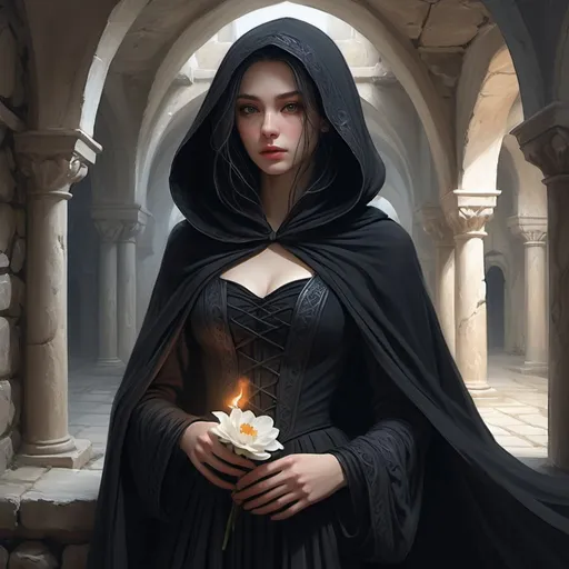 Prompt: Mysterious woman in modest black renaissance attire, reminiscent of a mourning widow, strolling through ancient stone halls, clutching a delicate flower, singing enchantingly. Setting features torch-lit walls casting dancing shadows, built from valley stones, resonating with ancient tales. Character, Kyre Sora, the Siren Lady, exudes elegance with pale complexion, golden eyes, and flowing long hair. Atmosphere evokes epic fantasy with a touch of sadness, emphasizing beauty and grace. Intricate details in clothing and surroundings, rich in emotional depth, creating a scene of captivating melancholy and allure. Black hood and cloak. Fantasy painting, digital painting, pencil sketch. 