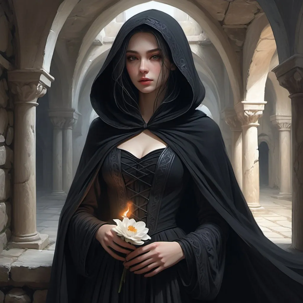 Mysterious woman in modest black renaissance attire