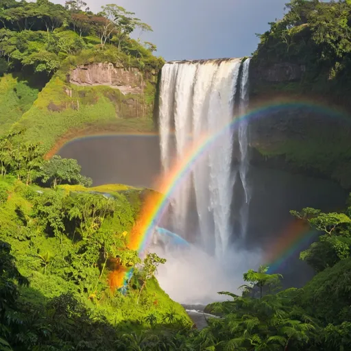 Prompt: A rainbow over a waterfall surrounded by lush vegetation