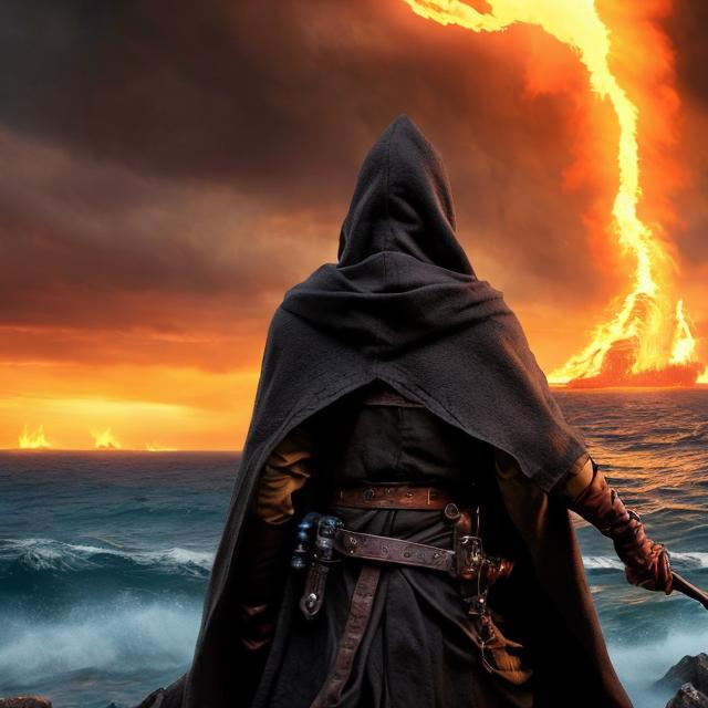 Prompt: cover for an epic fantasy novel. On the cover is a girl with a black hood and cloak. She stands back to back with a man with a medium length hair, in his early thirties, wearing a fantasy smuggler's outfit. Both are young. In the background there is fire in the sky, a ship sailing into the horizon. Storms and danger. Both have their swords drawn.  Photorealistic, hyperrealistic. Intricate, super detailed.