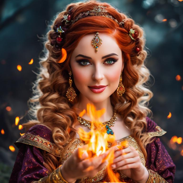 Prompt: A woman holding fire, dressed in cute, super beautiful and gorgeous minstrel garments, fantasy maiden, beautiful. She has green eyes and red hair. stunningly beautiful fantasy image romantic