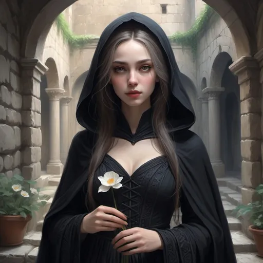 Prompt: Mysterious woman in modest black renaissance attire, reminiscent of a mourning widow, strolling through ancient stone halls, clutching a delicate flower, singing enchantingly. Setting features torch-lit walls casting dancing shadows, built from valley stones, resonating with ancient tales. Character, Kyre Sora, the Siren Lady, exudes elegance with pale complexion, golden eyes, and flowing long hair. Atmosphere evokes epic fantasy with a touch of sadness, emphasizing beauty and grace. Intricate details in clothing and surroundings, rich in emotional depth, creating a scene of captivating melancholy and allure. Black hood and cloak. Fantasy painting, digital painting, pencil sketch. 