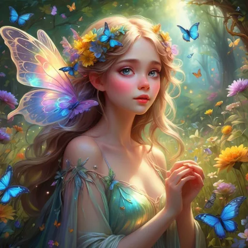 Prompt: Enchanting fairy, ethereal beauty, delicate features, radiant aura, iridescent translucent wings, vibrant colors, sunlit meadow, blooming flowers, fluttering butterflies, lush trees, oil painting, rich textures, intricate details, traditional art style, fantasy realm, magical ambiance, by renowned fantasy artist, Artstation. Special detail to the eyes. Mature looking, impish, wise. 