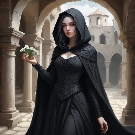 Prompt: Mysterious woman in modest black renaissance attire, reminiscent of a mourning widow, strolling through ancient stone halls, clutching a delicate flower, singing enchantingly. Setting features torch-lit walls casting dancing shadows, built from valley stones, resonating with ancient tales. Character, Kyre Sora, the Siren Lady, exudes elegance with pale complexion, golden eyes, and flowing long hair. Atmosphere evokes epic fantasy with a touch of sadness, emphasizing beauty and grace. Intricate details in clothing and surroundings, rich in emotional depth, creating a scene of captivating melancholy and allure. Black hood and cloak. Fantasy painting, digital painting, pencil sketch. 