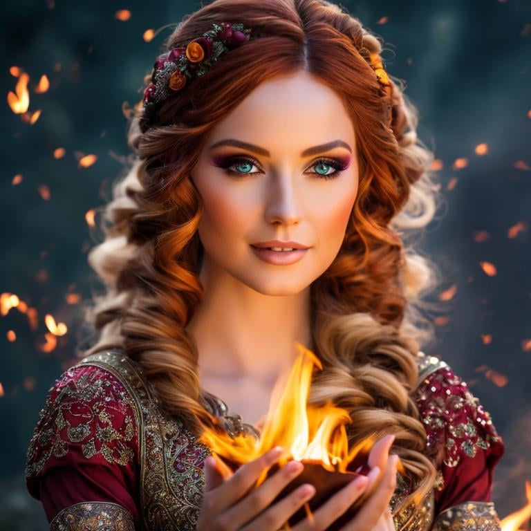 Prompt: A woman holding fire, dressed in cute, super beautiful and gorgeous minstrel garments, fantasy maiden, beautiful. She has green eyes and red hair. stunningly beautiful fantasy image romantic