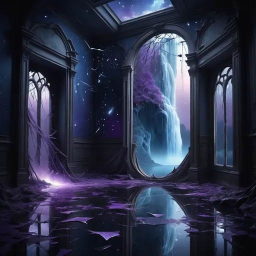 Prompt: A surreal dreamscape: shattered mirrors reflecting eternity, a broken door revealing hidden beauty, a waterfall frozen in time, stars cracking in a dying hall, a twisted, fractured darkness enveloping a Holland landscape, falling stars flooding the scenery, ethereal and haunting, deep blues, purples, and blacks, soft, mysterious lighting, digital art, detailed and surreal, inspired by poetry, Artstation.
