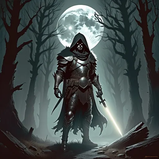 Prompt: Moonlit forest clearing, mysterious fog, ancient ruins, full moon casting eerie light, towering trees with twisted branches, silver weapons gleaming, hooded figure in leather armor, intense gaze, werewolf emerging from shadows, fur bristling, glowing eyes, dynamic action pose, dramatic shadows, dark and earthy color palette, digital painting, fantasy realism, detailed textures, by Brom and Justin Gerard, Artstation.