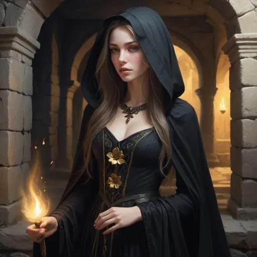 Prompt: Mysterious woman in modest black renaissance attire, reminiscent of a mourning widow, strolling through ancient stone halls, clutching a delicate flower, singing enchantingly. Setting features torch-lit walls casting dancing shadows, built from valley stones, resonating with ancient tales. Character, Kyre Sora, the Siren Lady, exudes elegance with pale complexion, golden eyes, and flowing long hair. Atmosphere evokes epic fantasy with a touch of sadness, emphasizing beauty and grace. Intricate details in clothing and surroundings, rich in emotional depth, creating a scene of captivating melancholy and allure. Black hood and cloak. Fantasy painting, digital painting, pencil sketch. 