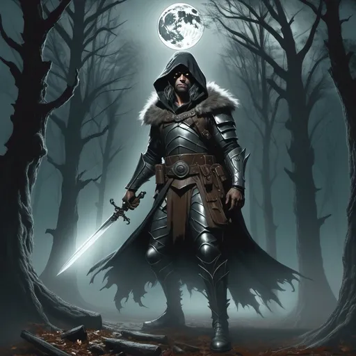 Prompt: Moonlit forest clearing, mysterious fog, ancient ruins, full moon casting eerie light, towering trees with twisted branches, silver weapons gleaming, hooded figure in leather armor, intense gaze, werewolf emerging from shadows, fur bristling, glowing eyes, dynamic action pose, dramatic shadows, dark and earthy color palette, digital painting, fantasy realism, detailed textures, by Brom and Justin Gerard, Artstation. Fully clothed
