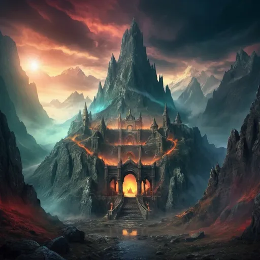 Prompt: Mystical kingdom of Dulvar, ancient mountain well, dark fantasy setting, towering mountains, eerie atmosphere, magical elements, dramatic skies, fantasy landscape, epic battle scene, intricate details, vibrant colors, dynamic lighting, fantasy image. 