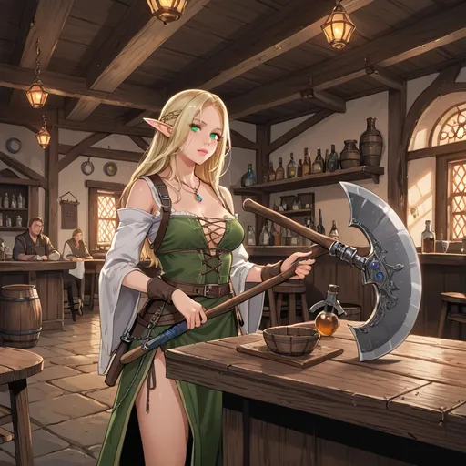 Prompt: Elf female character holding an axe in a tavern , fantasy character art, illustration, dnd, warm tone