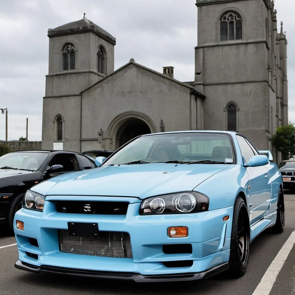 Prompt: 2000 Nissan Skyline GTR with a LBWK in baby blue

