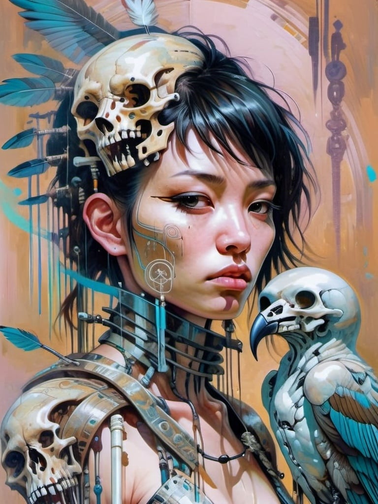 Prompt: Beautiful Witchdoctor girl casting magic with shaman, intricate bone armor, metal and bone sculpture with bird skulls, oil painting, golden colors, warm browns, light browns, heavy lighting, detailed facial features, fine art, magic, shamanism, beautiful, intricate details, warm tones, atmospheric lighting