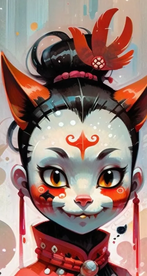 Prompt: Beautiful painting of a silly ghost wearing an ornate cat mask, happy and smiling, ghostly world, oil painting, detailed brushwork, vibrant colors, whimsical style, surreal setting, ethereal lighting, high quality, detailed, oil painting, surreal, whimsical, vibrant colors, detailed brushwork, happy expression, ornate cat mask, ghostly world, ethereal lighting