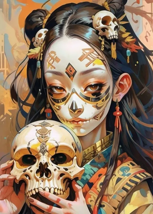 Prompt: Beautiful Witchdoctor girl casting magic with shaman, intricate bone armor, metal and bone sculpture with bird skulls, oil painting, golden colors, warm browns, light browns, heavy lighting, detailed facial features, fine art, magic, shamanism, beautiful, intricate details, warm tones, atmospheric lighting