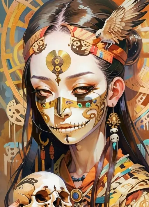 Prompt: Beautiful Witchdoctor girl casting magic with shaman, intricate bone armor, metal and bone sculpture with bird skulls, oil painting, golden colors, warm browns, light browns, heavy lighting, detailed facial features, fine art, magic, shamanism, beautiful, intricate details, warm tones, atmospheric lighting