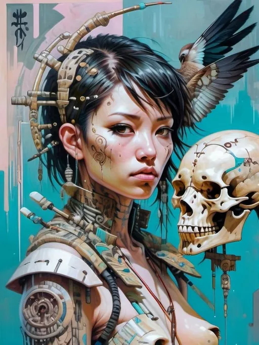 Prompt: Beautiful Witchdoctor girl casting magic with shaman, intricate bone armor, metal and bone sculpture with bird skulls, oil painting, golden colors, warm browns, light browns, heavy lighting, detailed facial features, fine art, magic, shamanism, beautiful, intricate details, warm tones, atmospheric lighting