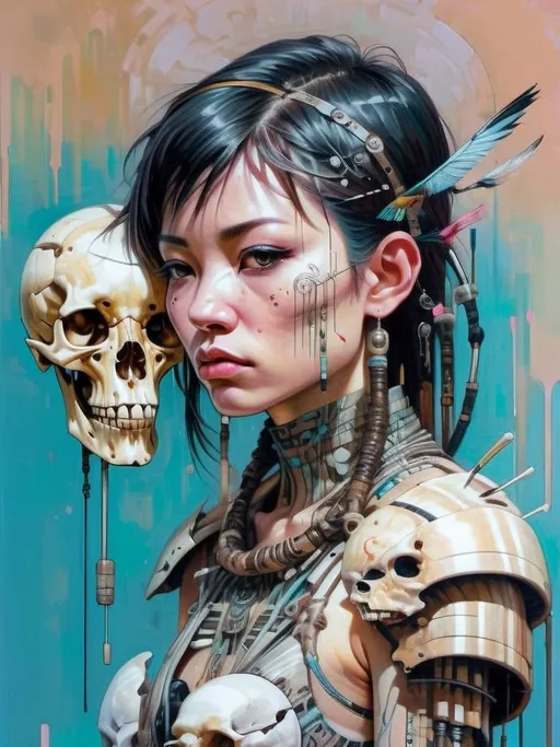 Prompt: Beautiful Witchdoctor girl casting magic with shaman, intricate bone armor, metal and bone sculpture with bird skulls, oil painting, golden colors, warm browns, light browns, heavy lighting, detailed facial features, fine art, magic, shamanism, beautiful, intricate details, warm tones, atmospheric lighting