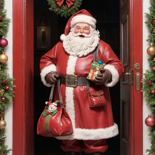 Prompt: victorian, santaclaus, leather red coat, at open door, christmas, dickens, cute, smile, happy, christmas ornaments, realism, vintage, full body, close mouth, merry, big bag toys, symetric face