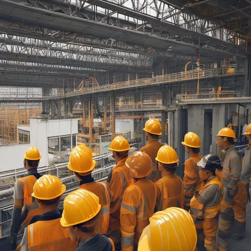 Prompt: Safety related to overhead cranes, people in the foreground wearing hard hats