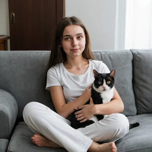 Prompt: A young woman with a cat sitting in a couch