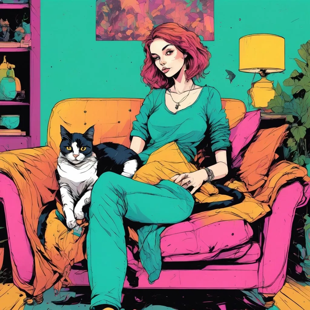 Prompt: A young woman with a cat sitting in a couch