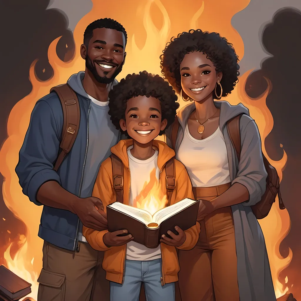 Prompt: Black family of 3 character holding a bible in a near a fire , smiling  with their go bags happy to see their friends who are of a different race every human has a subtle halo around him 
wearing modern clothing 
fantasy character art, illustration, dnd, warm tone