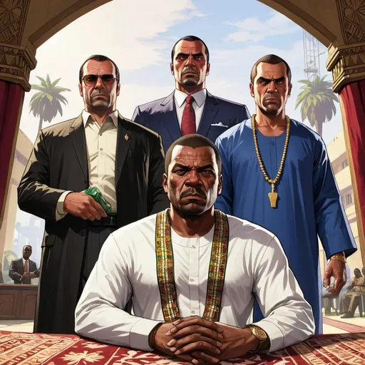 Prompt: GTA V cover art, african king in his palace with his advisors and people wearing traditional clothing

