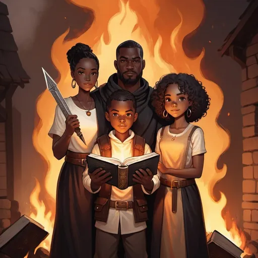 Prompt: Black family of 3 character holding a bible in a near a fire , fantasy character art, illustration, dnd, warm tone