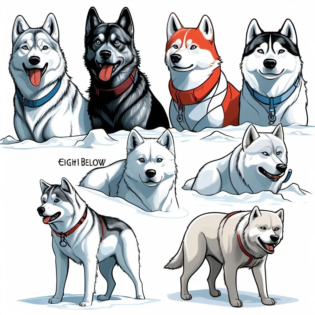 Prompt: Draw a simple illustration themed around the Eight Below, showing all the key roles, both a line art version and a colored version.