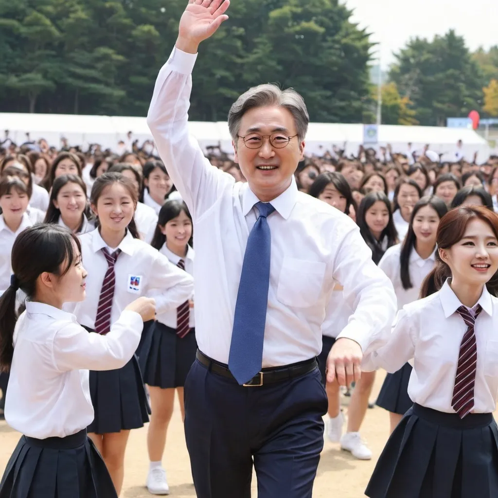 Prompt: South korean presidential 윤석열 dancing in front of students at school festival.
