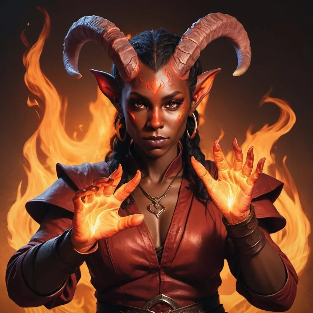 Prompt: hyper-realistic Tiefling character with fire hands, fantasy character art, illustration, dnd, warm tone