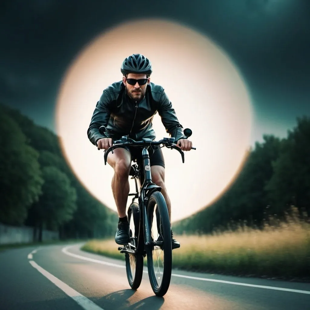 Prompt: A man on bike full speed , cinematic look , dreamy 