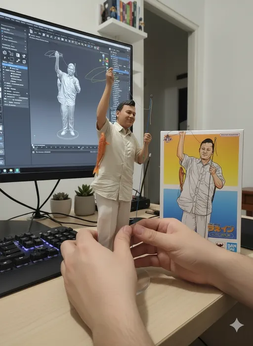 Prompt: @Enosaja:Two hands gently pick up the figure in the frame and rotate it slightly for inspection. The model on the computer screen and the model printed on the packaging box remain stationary, while all other background elements stay unchanged.
silahkan di copypaste