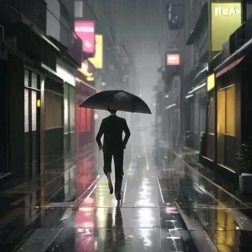 Prompt: a man walking down Kolkata street on a rainy afternoon