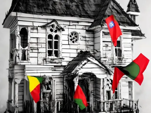 Prompt: haunted house with Timor-Leste flag (black, white, yellow, red)